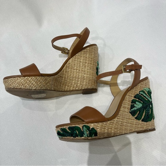 MICHAEL Michael Kors Fisher Leather & Palm Tree Embroidered Wedges Tan Size 7.5 - Picture 4 of 8